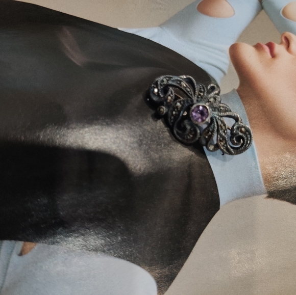 VTG Art Deco Sterling Marcasite & Amethyst brooch - Picture 5 of 7